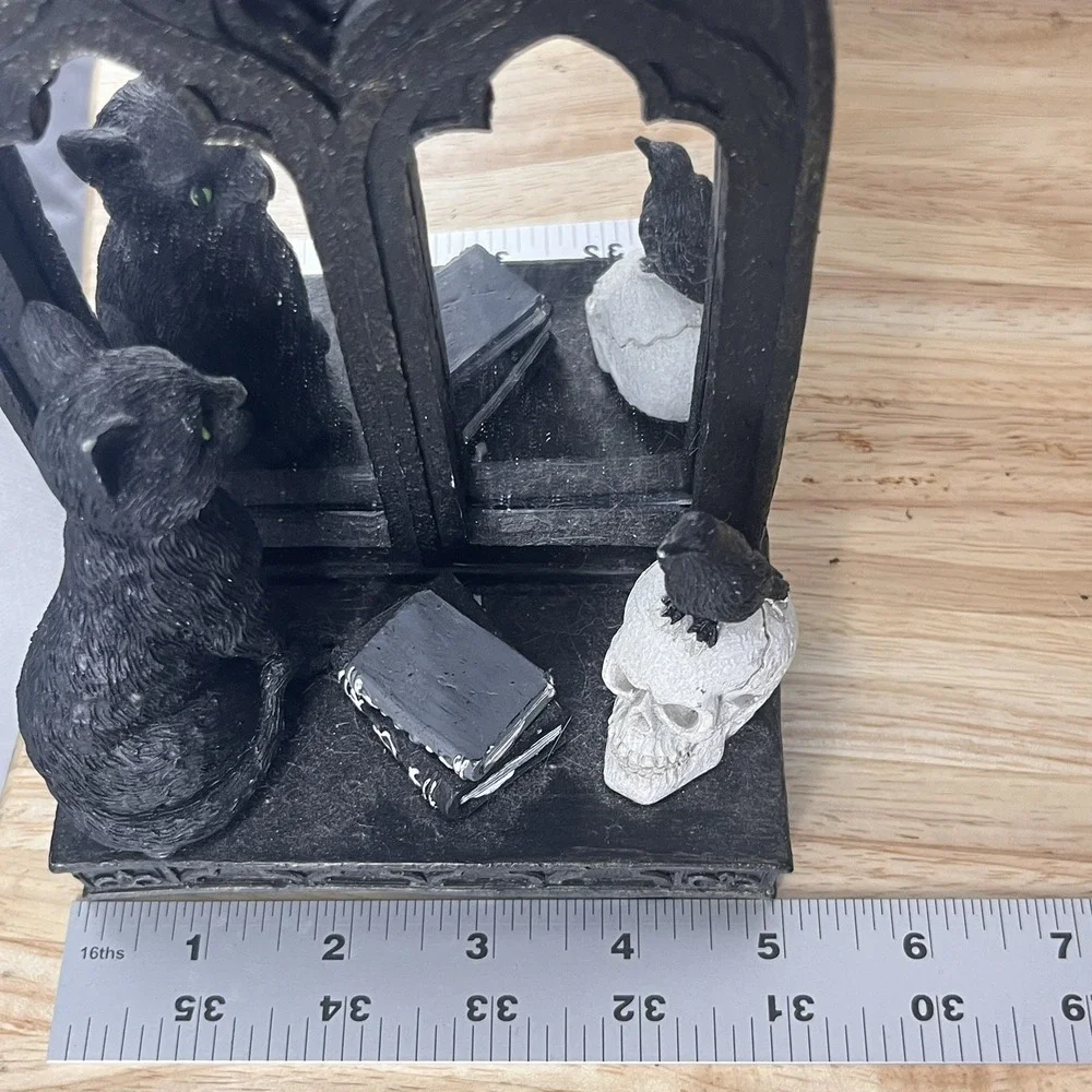 Spooky Halloween decor Magic Mirror Cat , Raven, and Skull Figurine 8.5in / 21cm